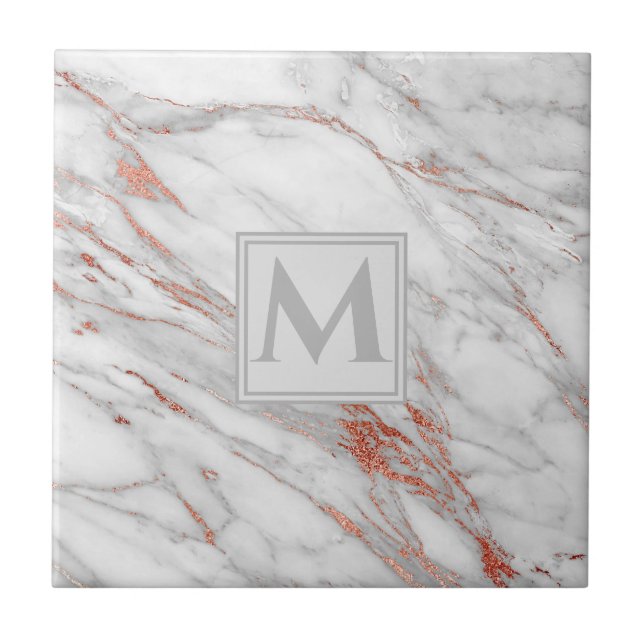 Elegant Rose Gold Copper White Marble Monogram Tile (Front)