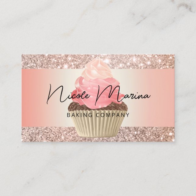 Elegant Rose Gold Cupcake Bakery Business Card (Front)