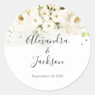 Elegant Rose & Gold Cursive Wedding Favour Classic Round Sticker