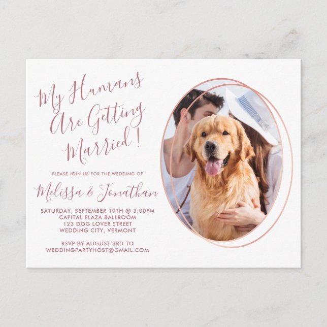 Elegant Rose Gold Custom Pet Photo Dog Wedding Invitation Postcard (Front)