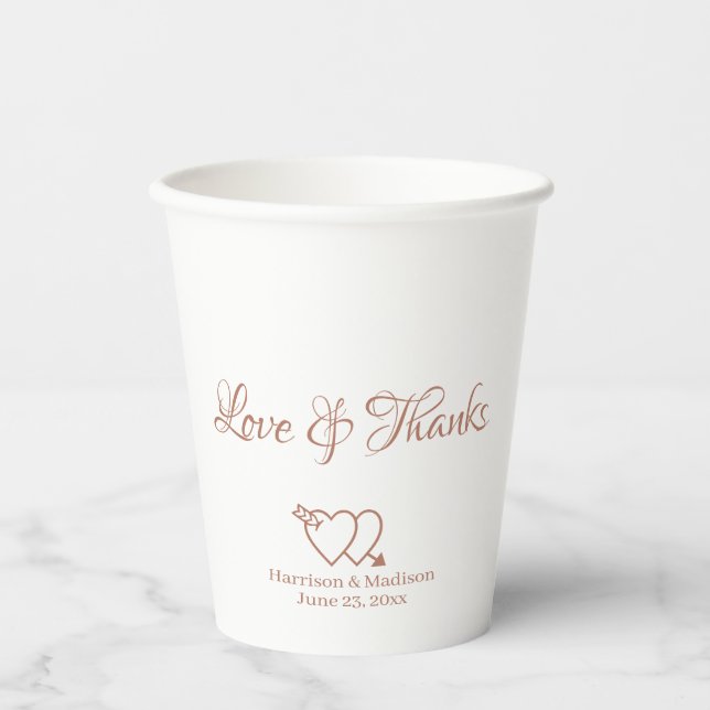 Elegant rose gold custom script hearts wedding paper cups (Front)