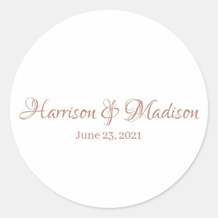 Elegant rose gold custom script names chic wedding classic round sticker