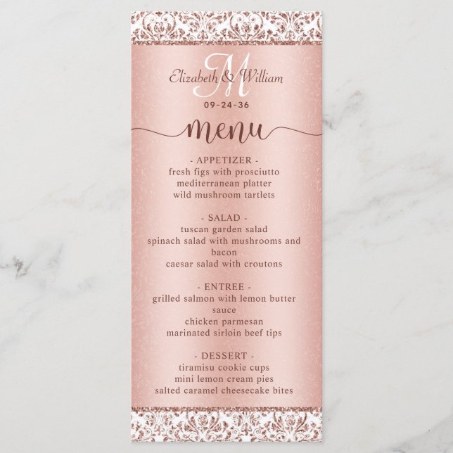 Elegant Rose Gold Damask Monogram Wedding Menu (Front)