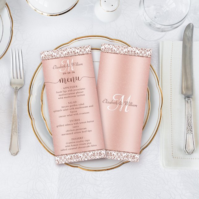 Elegant Rose Gold Damask Monogram Wedding Menu (Creator Uploaded)