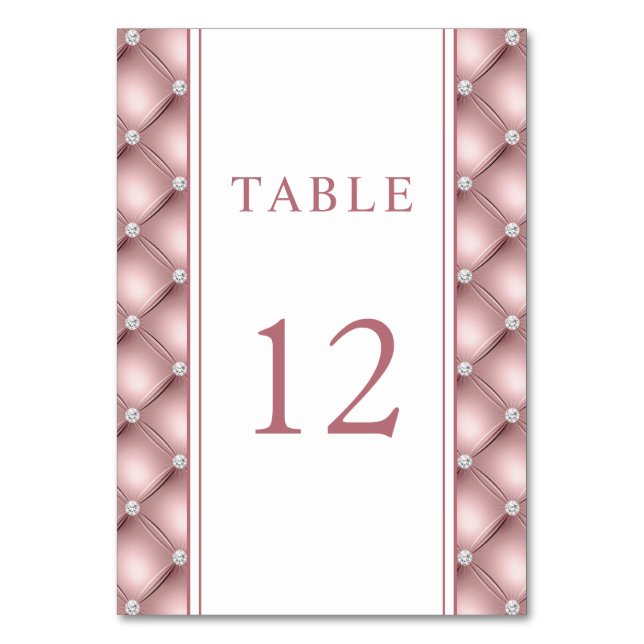 Elegant Rose Gold Diamond Tufted Wedding Table Number (Front)