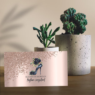 Elegant Rose Gold Diamonds,Black High Heels Roses Business Card