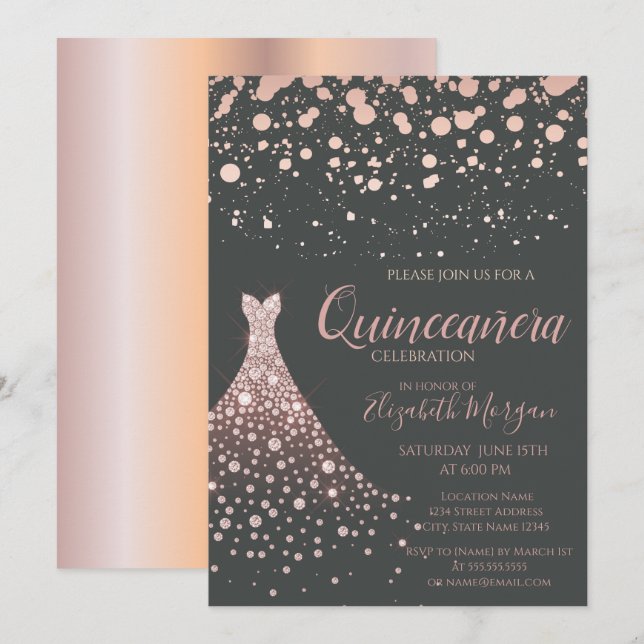 Elegant Rose Gold Diamonds Dress  Quinceañera  Invitation (Front/Back)