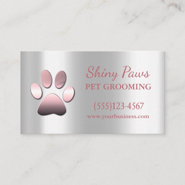 Elegant Rose Gold Dog Paw Pet Grooming Service Business Card (Front)