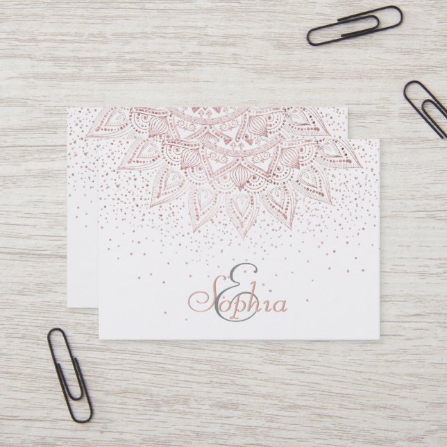Elegant Rose Gold Dots Mandala Business Card (Front/Back In Situ)