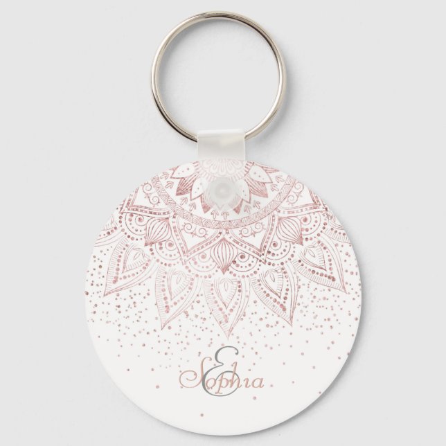 Elegant Rose Gold Dots Mandala Key Ring (Front)