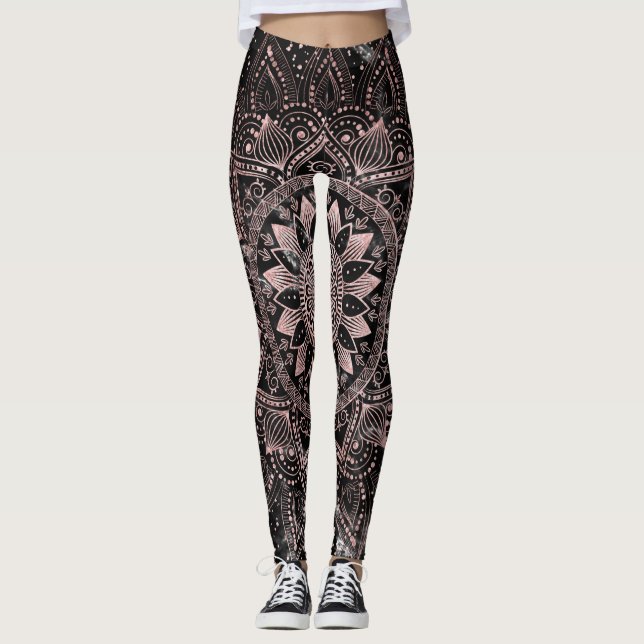 Elegant  Rose Gold Dots Mandala Marble  Leggings (Front)