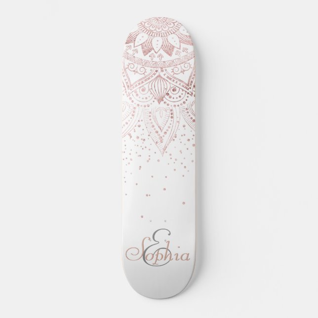 Elegant Rose Gold Dots Mandala Skateboard (Front)
