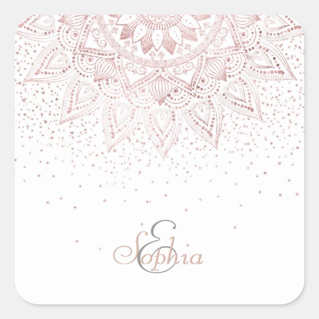 Elegant Rose Gold Dots Mandala Square Sticker (Front)
