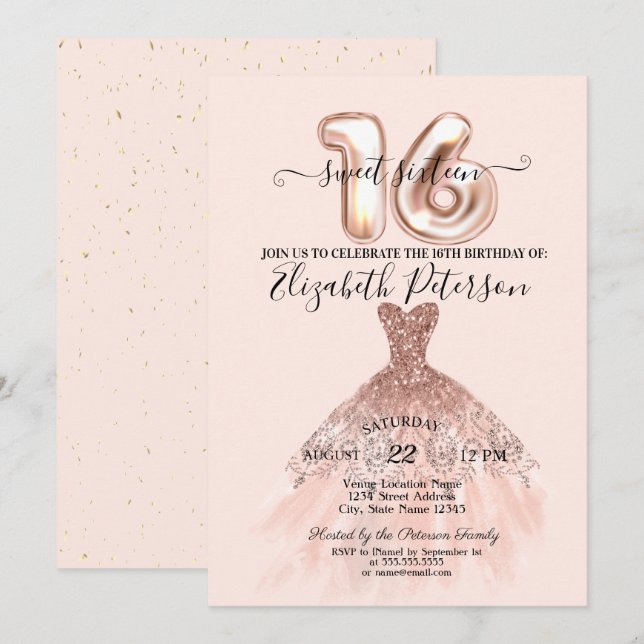 Elegant Rose Gold Dress Confetti Cream Sweet 16 Invitation (Front/Back)