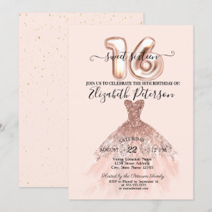 Elegant Rose Gold Dress Confetti Cream Sweet 16 Invitation