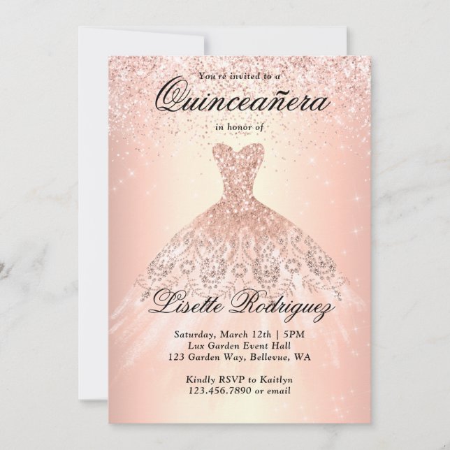 Elegant Rose Gold Dress Quinceanera Invitation (Front)