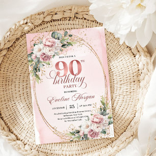 Elegant Rose Gold Eucalyptus Floral 90th Birthday  Invitation