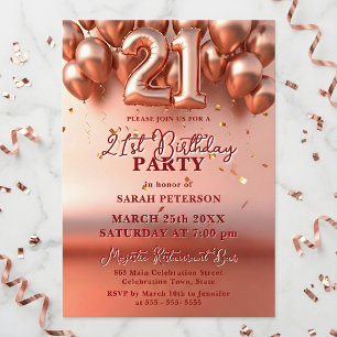 Elegant Rose Gold Faux Foil Balloons 21st Birthday Invitation