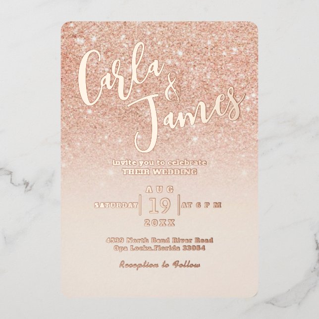 Elegant Rose gold Faux Glitter chic Wedding (Front)