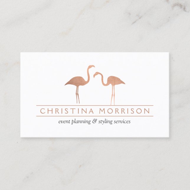 Elegant Rose Gold Flamingos Event Planner White Business Card (Front)