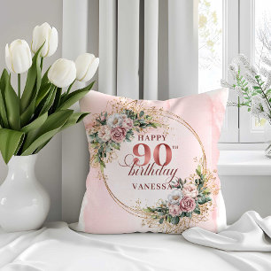 Elegant Rose Gold Floral 90th Birthday Pillow