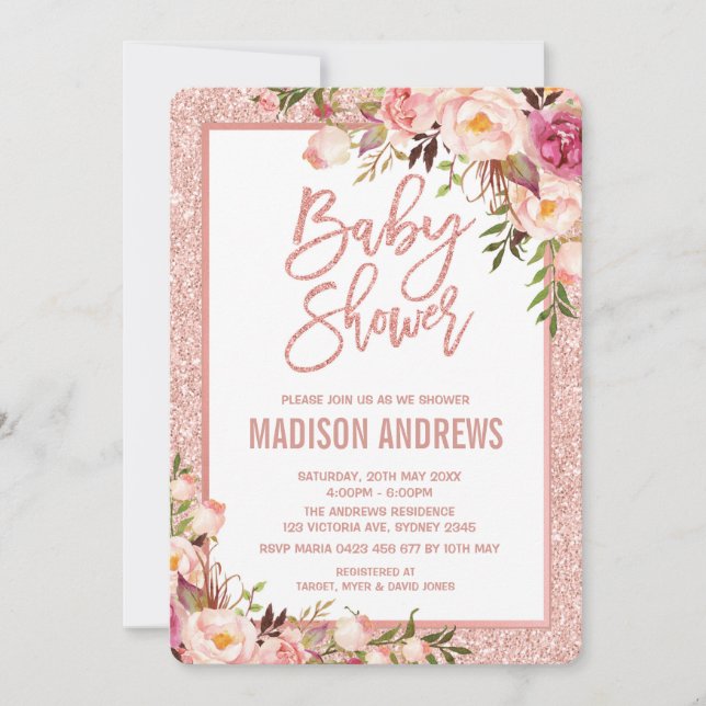 Elegant Rose Gold Floral Baby Shower Invitation (Front)