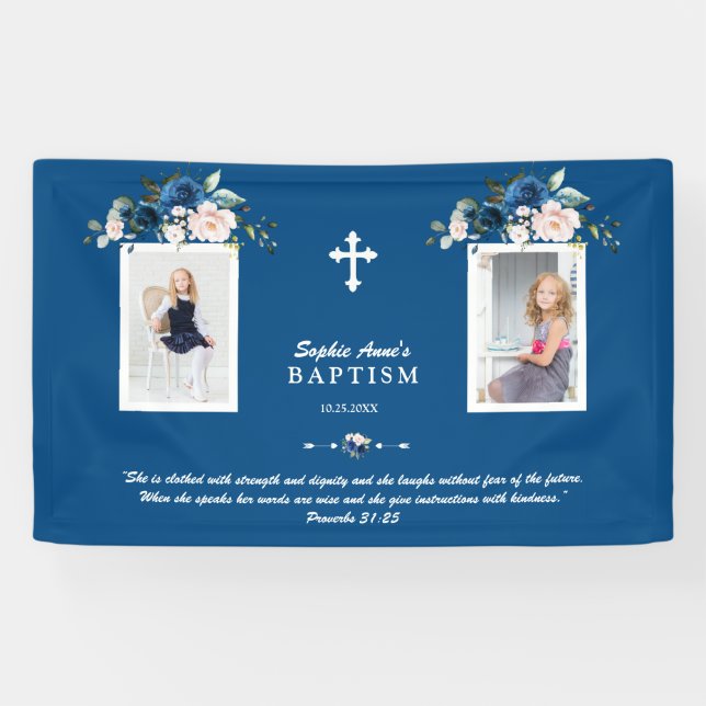 Elegant Rose Gold Floral Baptism Girl Photo Banner (Horizontal)