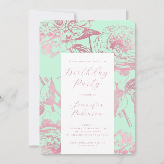 Elegant Rose Gold Floral Birthday Party Mint  Invitation (Front)