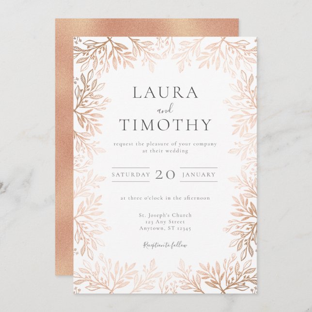 Elegant Rose Gold Floral Border Typography Wedding Invitation (Front/Back)