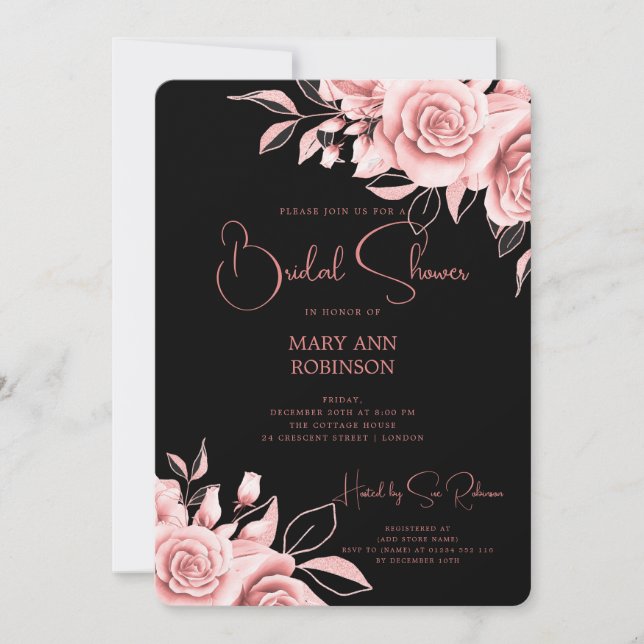 Elegant Rose Gold Floral Bridal Shower Black  Invitation (Front)