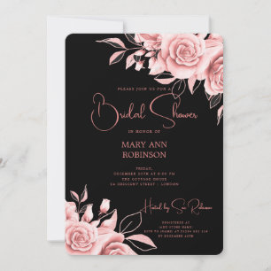Elegant Rose Gold Floral Bridal Shower Black Invitation