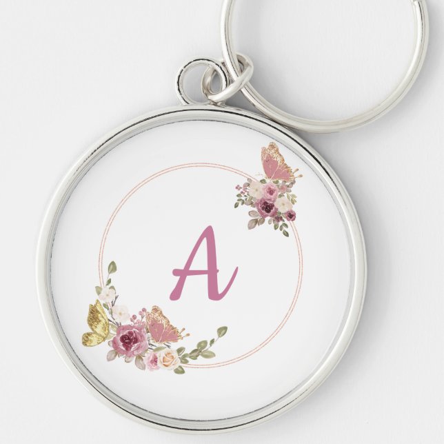 Elegant Rose Gold Floral Butterfly – Custom name Key Ring (Front)