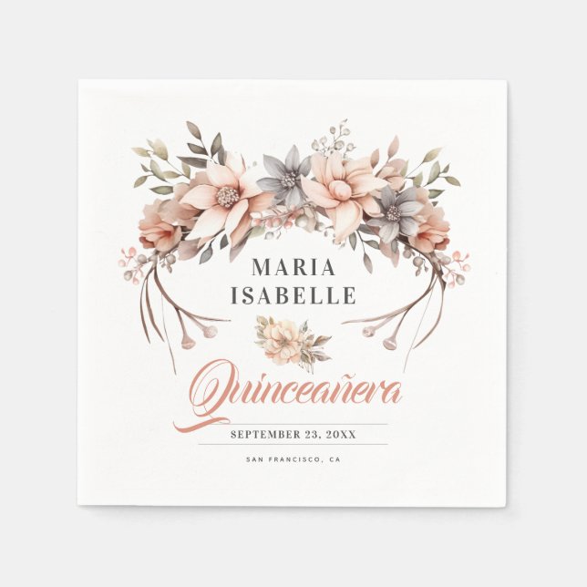 Elegant Rose Gold Floral Crown Quinceañera Party Napkin (Front)