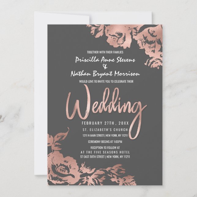 Elegant Rose Gold Floral Dark Grey Wedding Invitation (Front)
