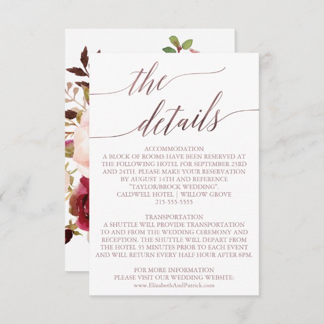Elegant Rose Gold | Floral Details Insert Card (Front/Back)