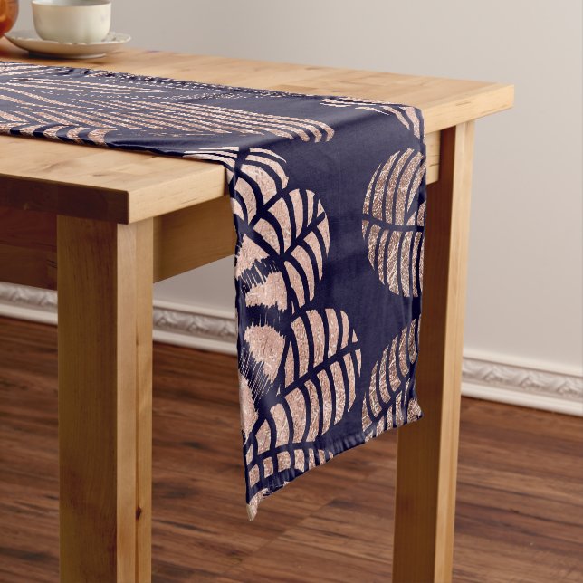 Elegant Rose Gold Floral Drawings on Navy Blue Short Table Runner (In Situ)