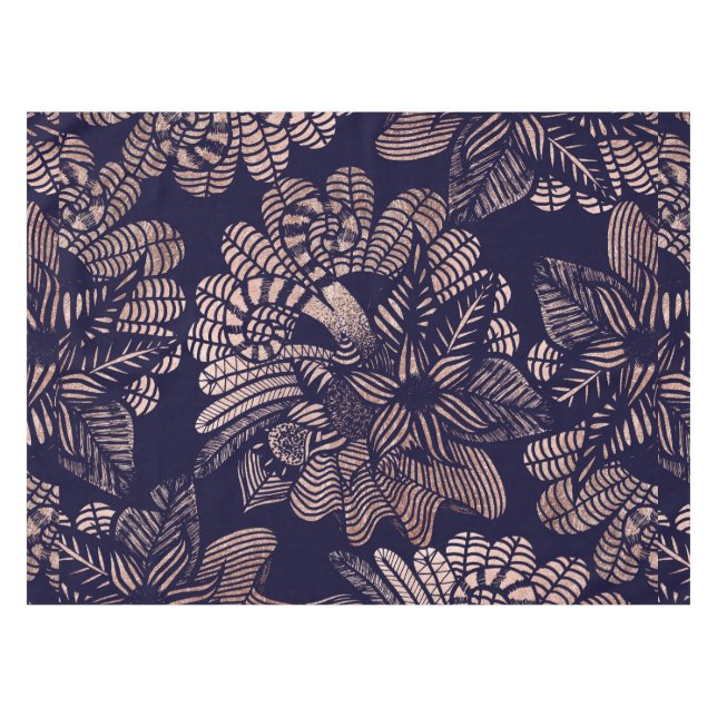 Elegant Rose Gold Floral Drawings on Navy Blue Tablecloth (Front (Horizontal))