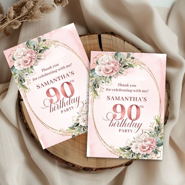 Elegant Rose Gold Floral Eucalyptus 90th Birthday  Thank You Card (Elegant Rose Gold Floral Eucalyptus 90th Birthday Thanks)