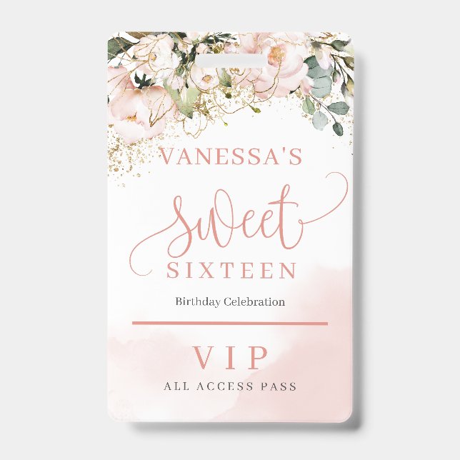 Elegant rose gold floral eucalyptus gold sixteen ID badge (Front)