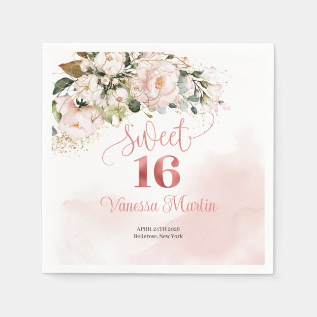Elegant rose gold floral eucalyptus gold Sweet 16 Napkin (Front)