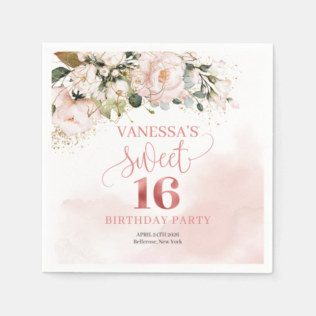 Elegant rose gold floral eucalyptus gold Sweet 16 Napkin (Front)