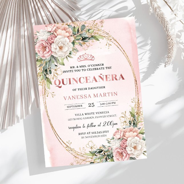 Elegant Rose Gold Floral Eucalyptus Quinceañera  Invitation (Elegant Rose Gold Floral Eucalyptus Quinceañera Invitation

)