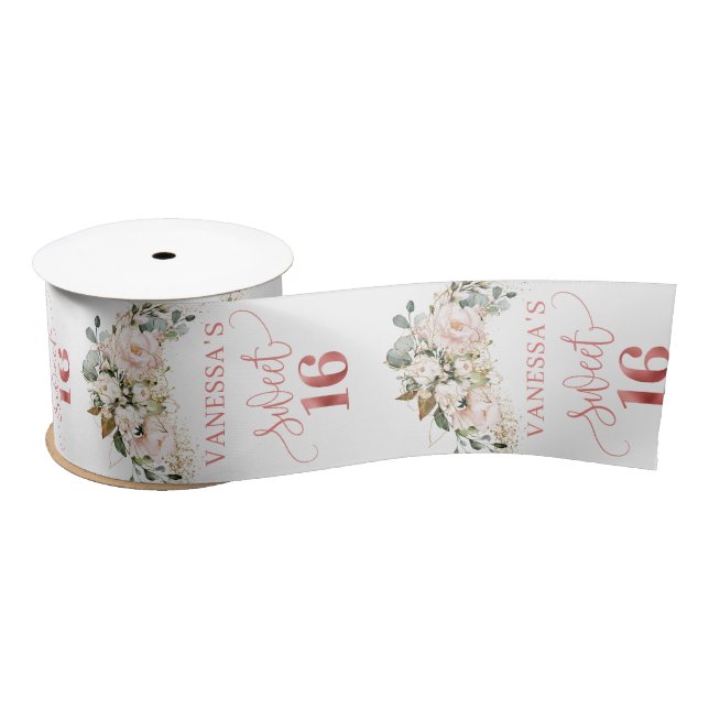 Elegant rose gold floral eucalyptus sweet sixteen satin ribbon (Spool)