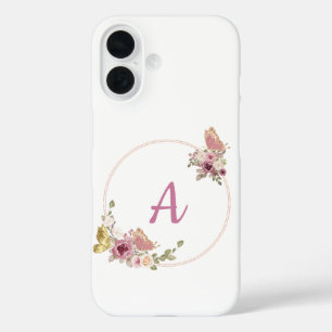 Elegant Rose Gold Floral Frame-Personalized  iPhone 16 Case