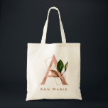 Elegant Rose Gold Floral Monogram Bridal Party Tote Bag<br><div class="desc">The letter A - a beautiful monogram initial in rose gold embellished with an exquisite floral and geometric shape pattern.  Ideal gift and keepsake idea for your favourite bridesmaid.  Easily customise the name of choice.</div>