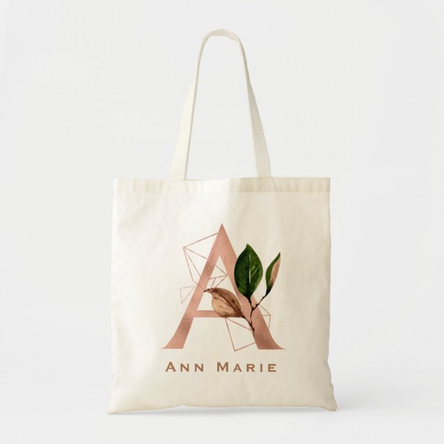 Elegant Rose Gold Floral Monogram Bridal Party Tote Bag (Front)