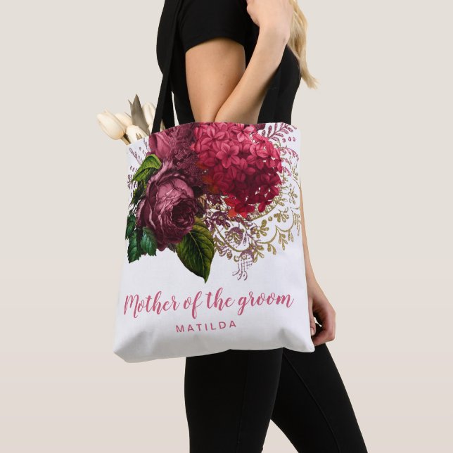 Elegant rose gold floral mother of the groom tote bag (Close Up)