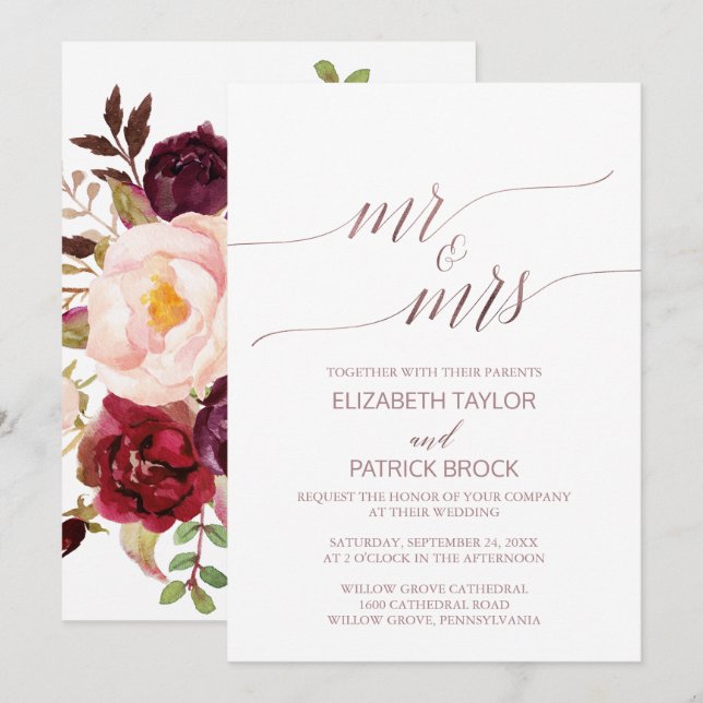 Elegant Rose Gold Floral Mr & Mrs Wedding Invitation (Front/Back)