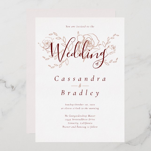 Elegant Rose Gold Floral Pink Burgundy Wedding (Front/Back)