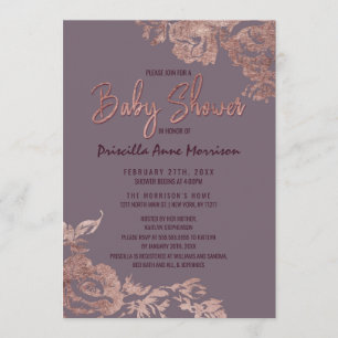 Elegant Rose Gold Floral Purple Mauve Baby Shower Invitation